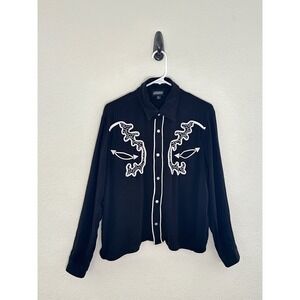 Juny Western Shirt Mens Medium Black Rayon Embroidered Snap Front